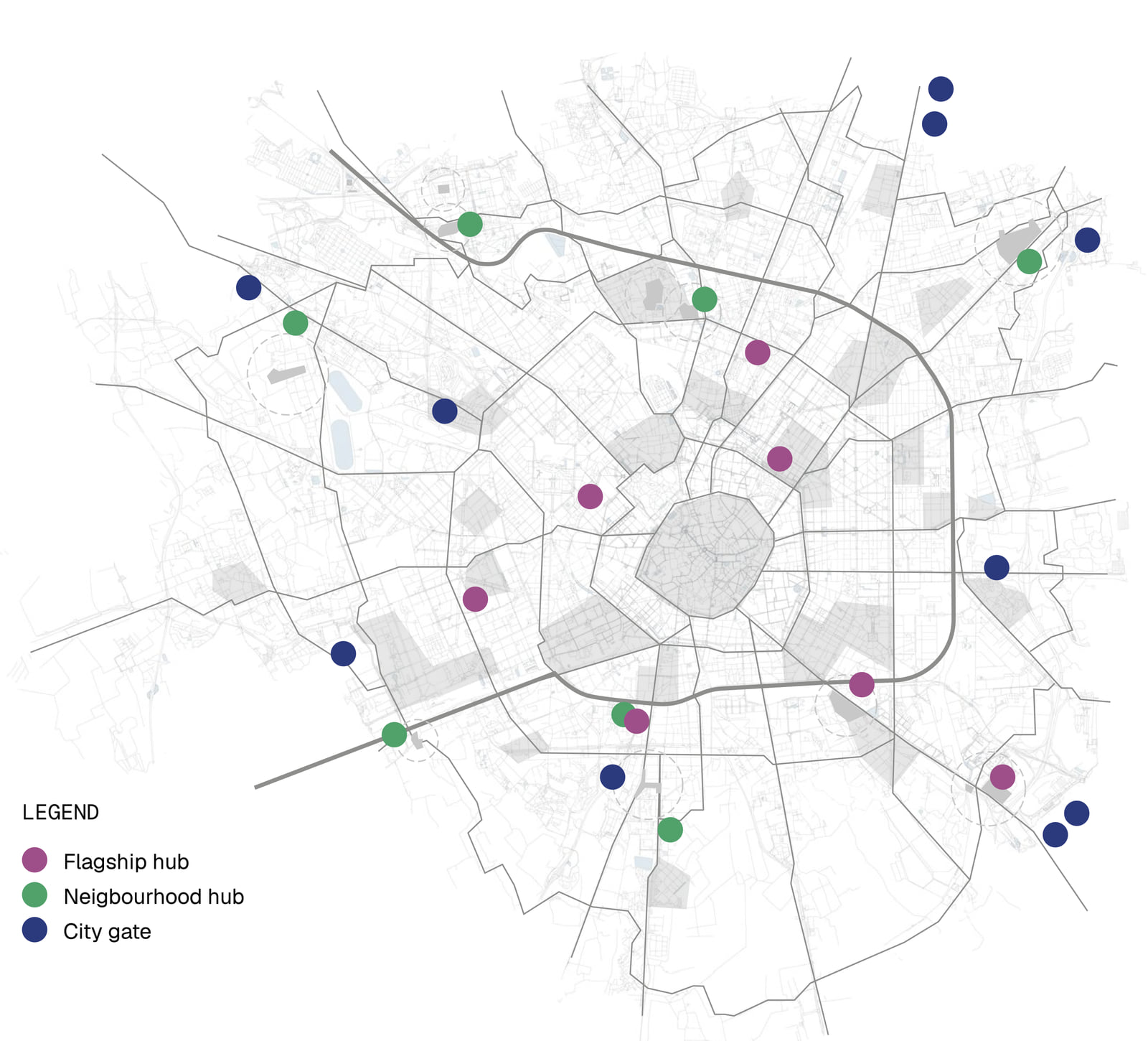 A map of Milan reconciling the three archetypes with the existing car parks. Each site is a coloured dot: purple for Flagship hubs, clustered in the centre, green for Neighbourhood Hubs in the residential belt, blue for City Gates on the outer ring and along the main roads into the city.