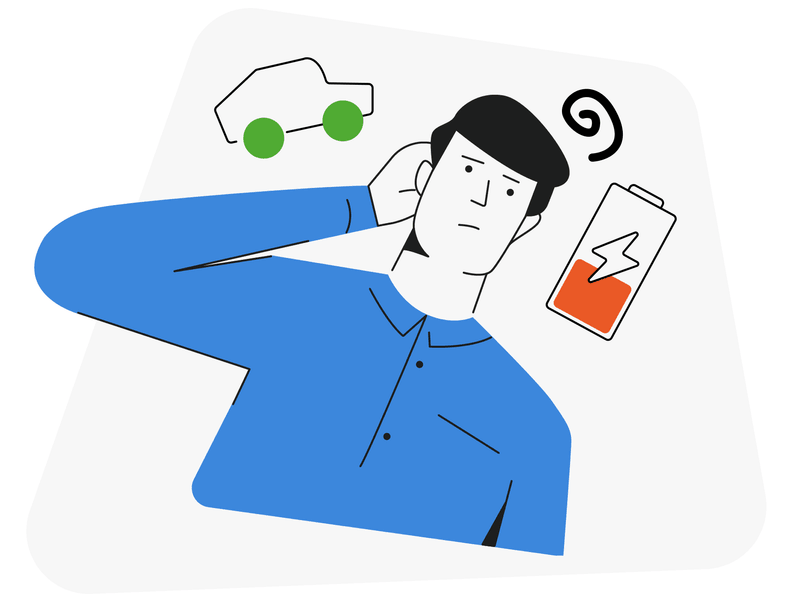 Illustration of a puzzled driver between an electric car and a nearly empty battery.