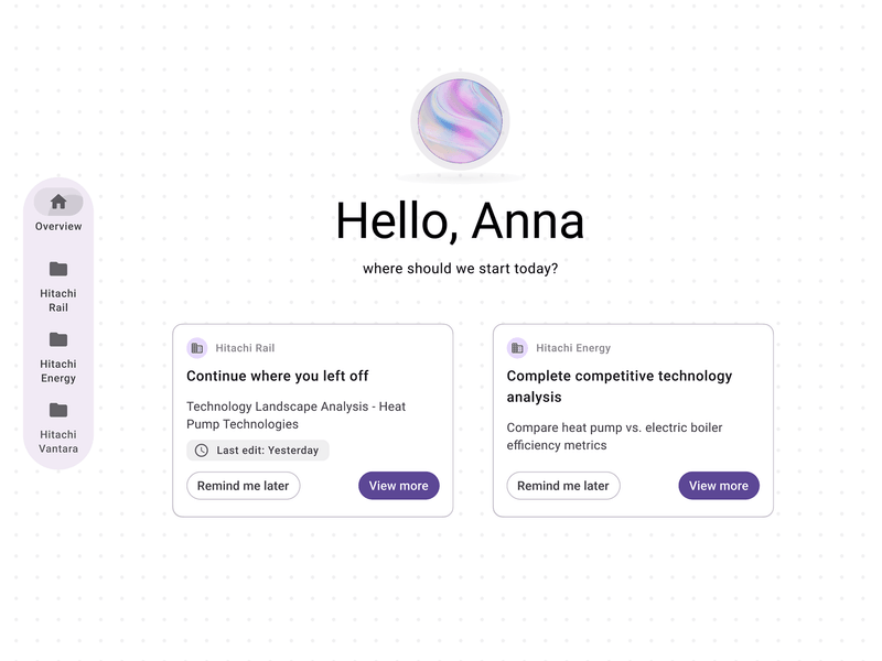 The Nodes Now home screen greeting the user and offering two pieces of work to pick up, each on its own card.